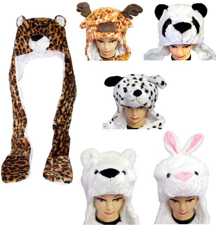 Plush Animal Hats For Kids & Adults With Scarf & Finger Warmer Plush Animal Hats For Kids & Adults With Scarf & Finger Warmer