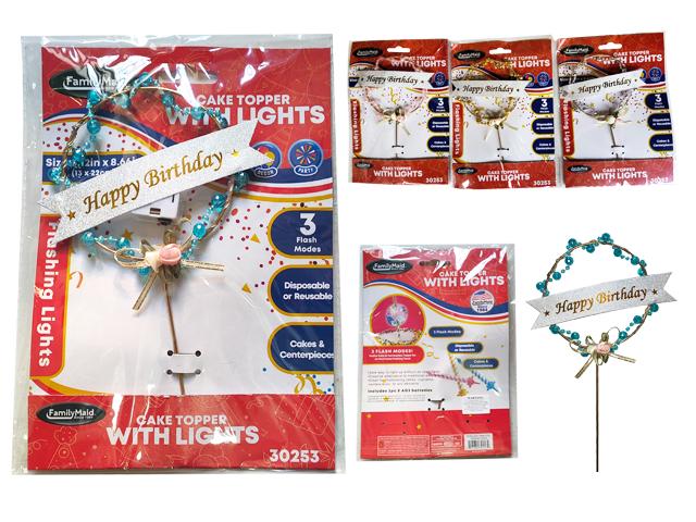 CAKE TOPPER W/ LIGHTS H-B -DAY  BLUE,PK,YEL SIVER