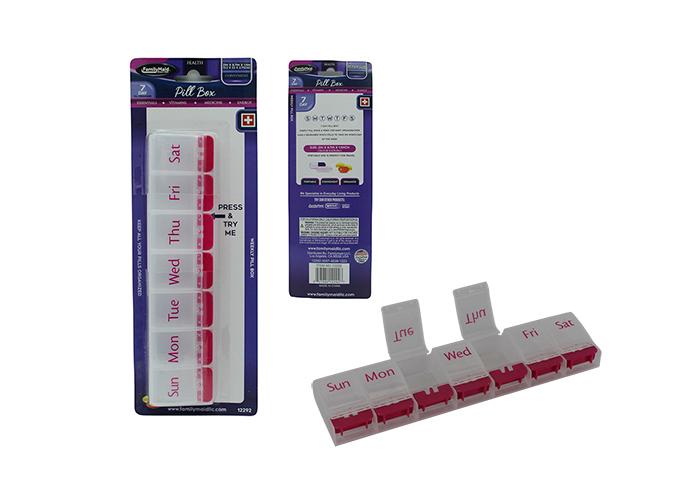 7 DAY PILL BOX, 2 ASSORTED BLUE, PURPLE COLORS, 2.04" X 8.6" X 1.08" image