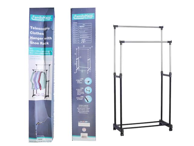 TELESCOPIC CLOTHES HANGER 2.62ft L X 1.37ft W X 5.25ft HIGH W/SHOE STORAGE W/WHEELS image