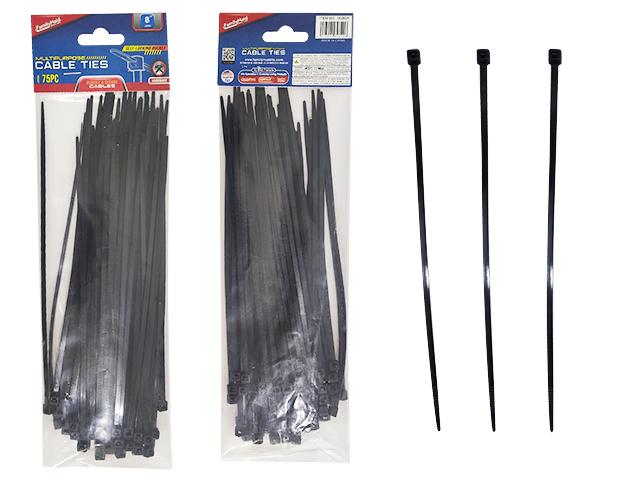 SELF-LOCKING CABLE TIES 75PC 8" LONG BLACK CLR image