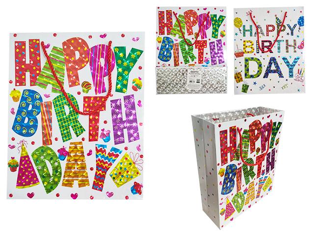 HAPPY BIRTHDAY GIFT BAG MED 10.23X12.6X4" LASER CAT-EYE
