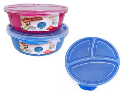 FOOD CONT 3SECT 570ML ROUND 8.5"DX2.5"H 3ASST CLR (88326C)