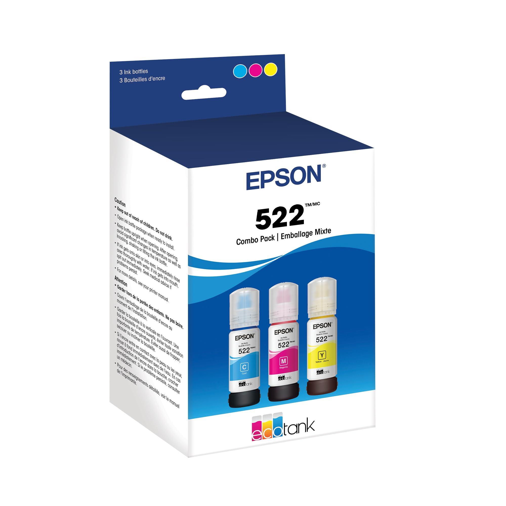 EPSON 522 EcoTank Ink Ultra-high Capacity Bottle Color Combo Pack (T522520-S) Works with EcoTank ET-2720, ET-2800, ET-2803, ET-2840, ET-4700, ET-4800, ET-4810 image