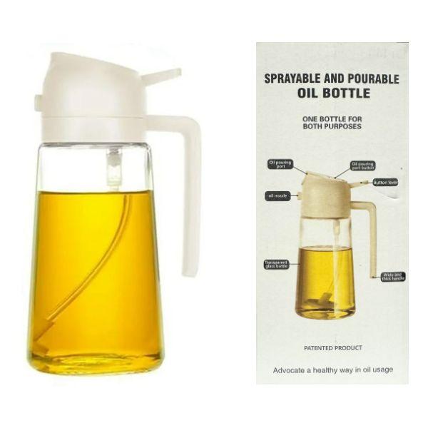Sprayable & Pourable Oil Bottle - #QC.MC.Tm.White.Clear - 16OZ Glass Oil Bottle - Handled Top - 8 For $32.00