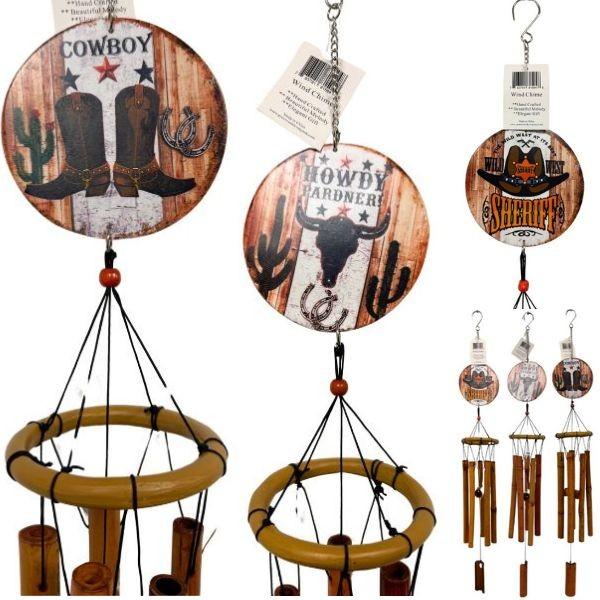 Wholesale Windchimes - 31" Poly Resin With Bamboo Chimes - Round Cowboy Collection - Styles Vary - Indoor/Outdoor image
