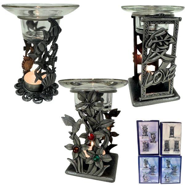 Candle Holders - Heavy Gauge 4" Pewter Ornamental With Glass Topper - Tea Candle Included - Assorted Styles image