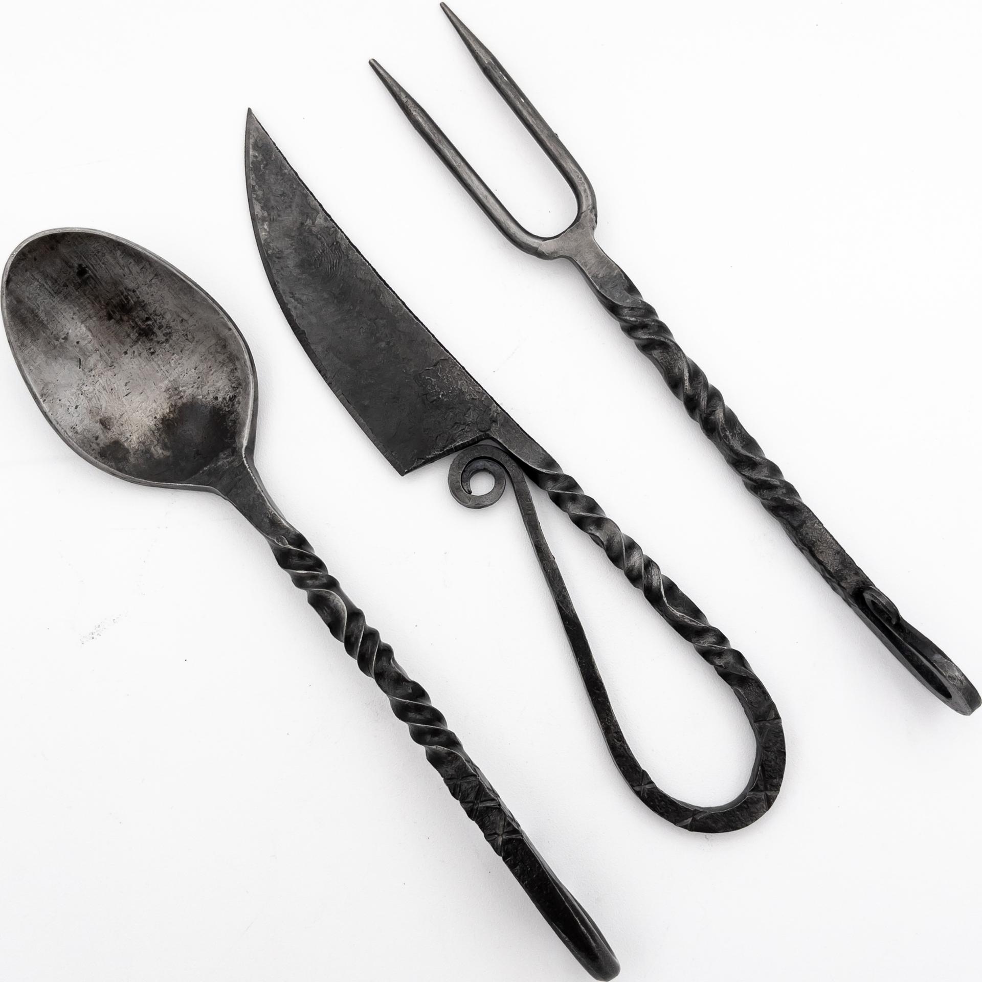 Orange Glow 3PC Set Medieval Iron Silverware Fork, Spoon, and Knife image