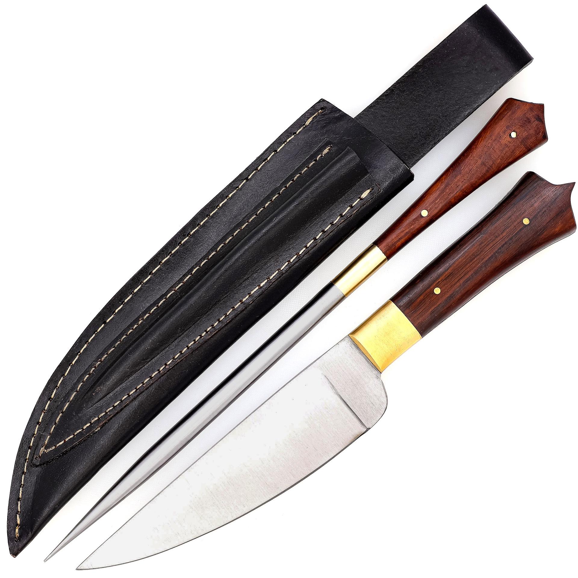 Hand Forged Outdoor Camping Grilling Utensil Knife & Rod Set | Genuine Bovine Leather Sheath Included image