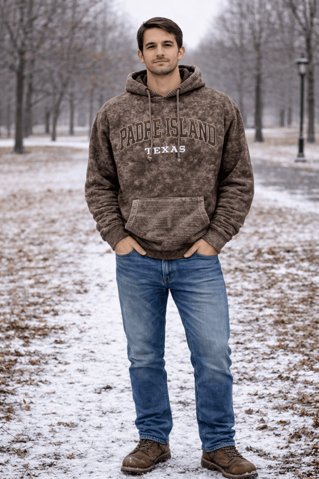 Basix of America Acid Wash Pullover Jacard Hoodie With Front Pocket - BROWN