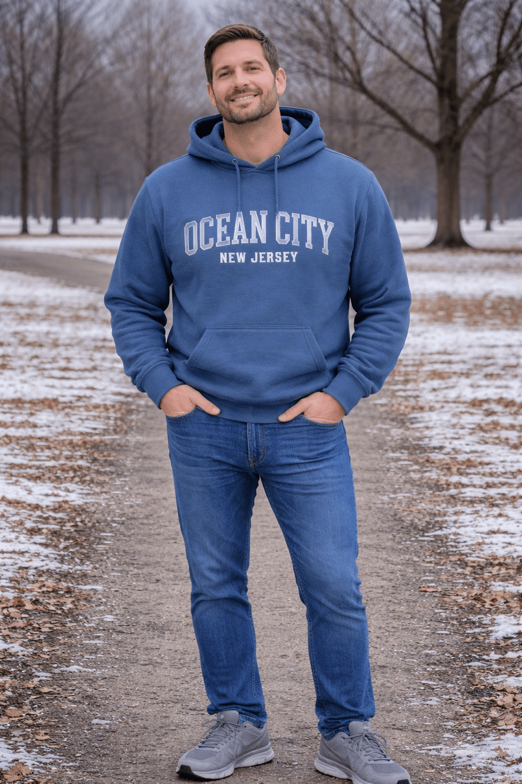 Basix of America Garment Dye Crew Neck Pullover Hooded Sweatshirt - DENIM image