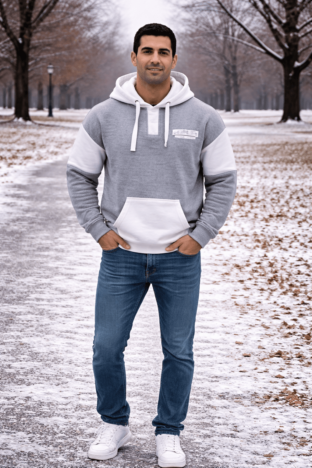 Basix of America 2 Tone Hooded Pullover Nantucket Sweatshirt With Button - CHARCOAL - WHITE image