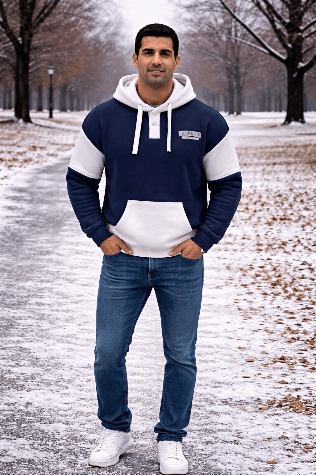 Basix of America 2 Tone Hooded Pullover Nantucket Sweatshirt With Button - NAVY - WHITE image