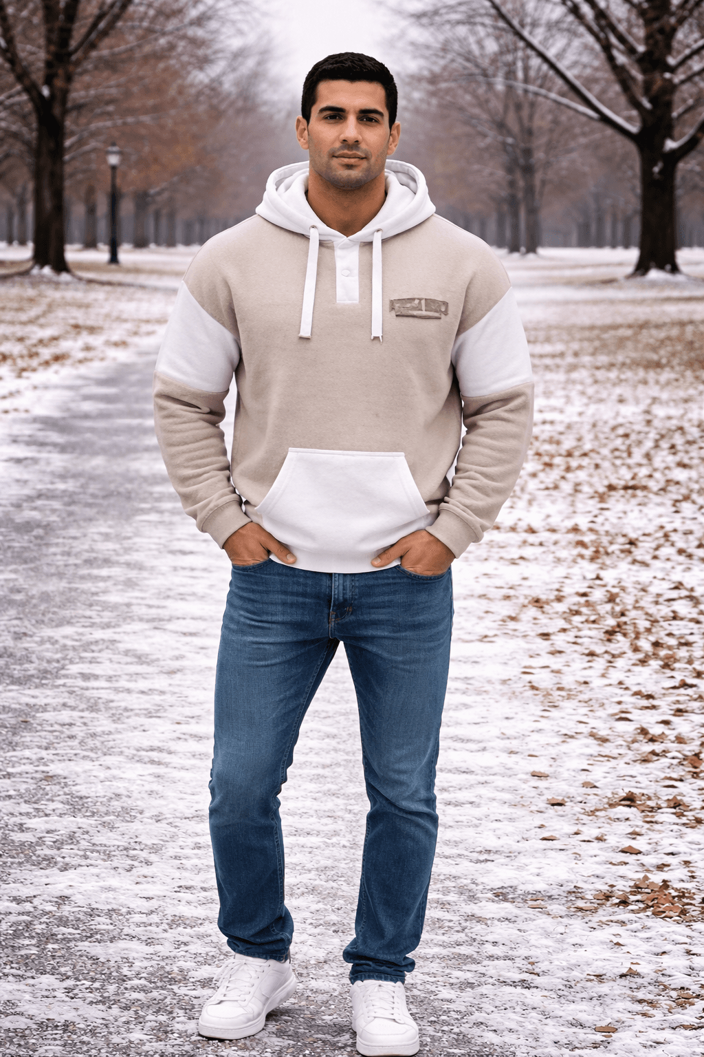 Basix of America 2 Tone Hooded Pullover Nantucket Sweatshirt With Button - OATMEAL - WHITE