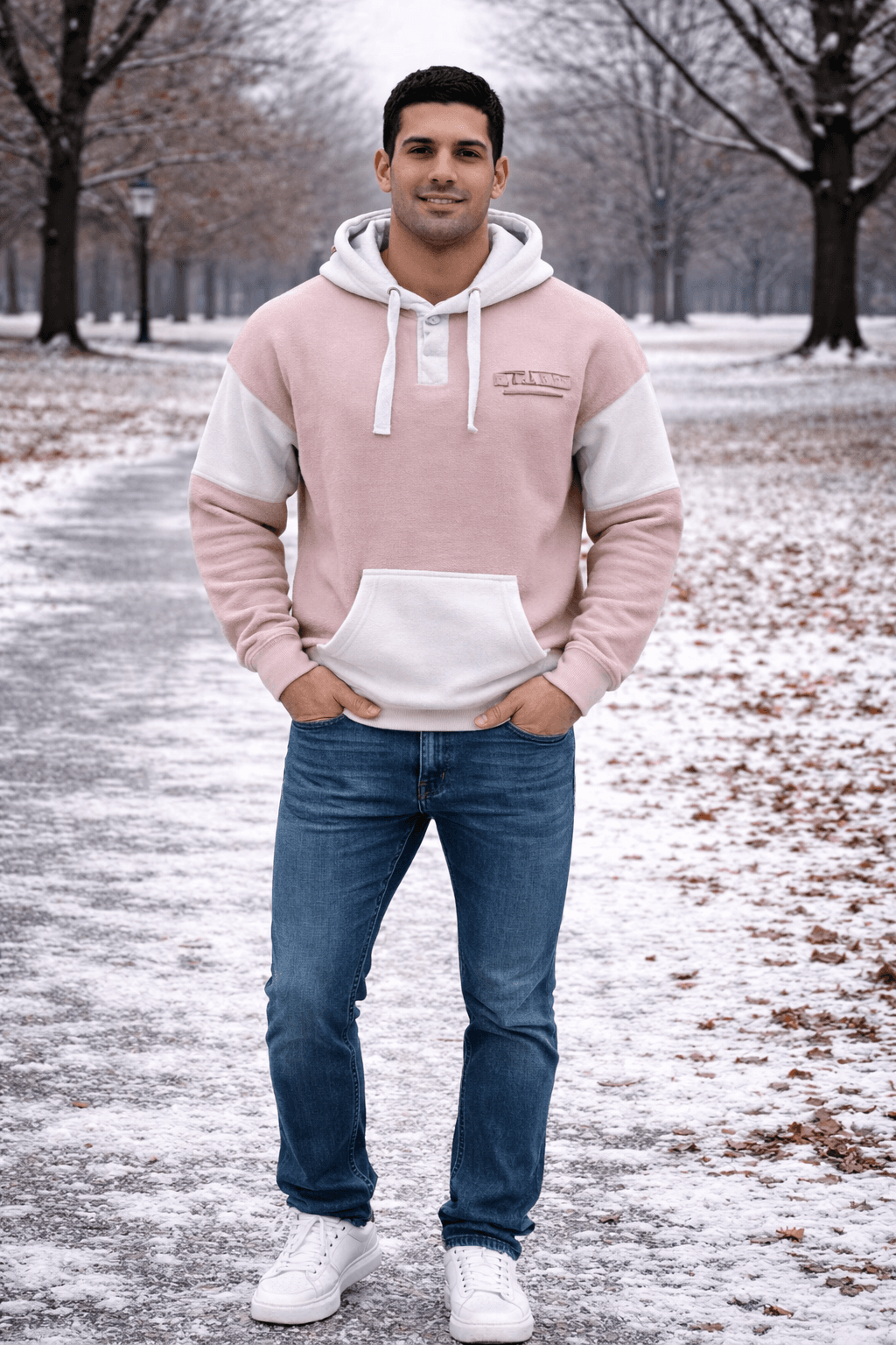 Basix of America 2 Tone Hooded Pullover Nantucket Sweatshirt With Button - PINK - WHITE image