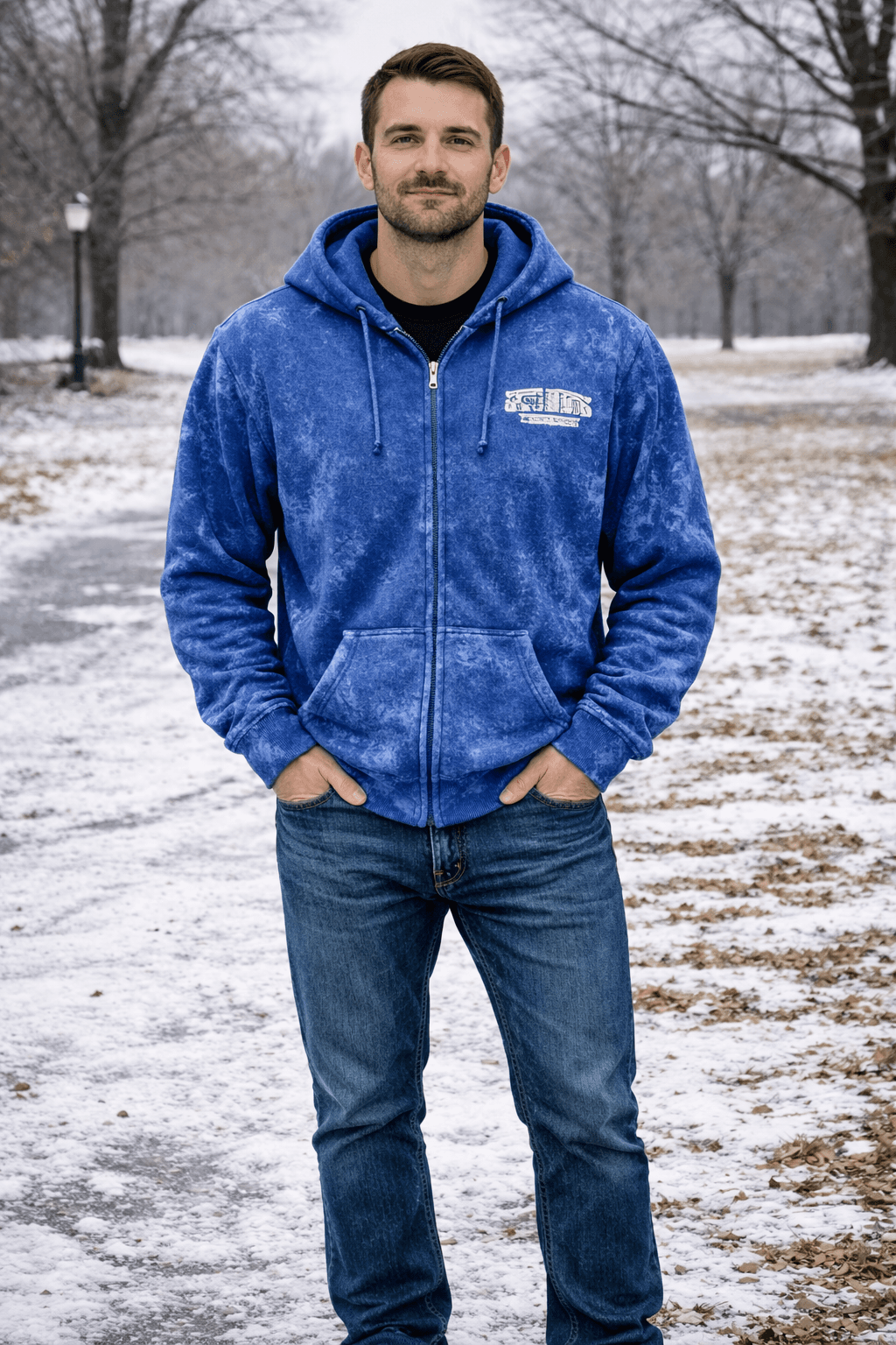 Basix of America Acid Wash Full Zipper Jacard Hoodie With Front Pocket - ROYAL