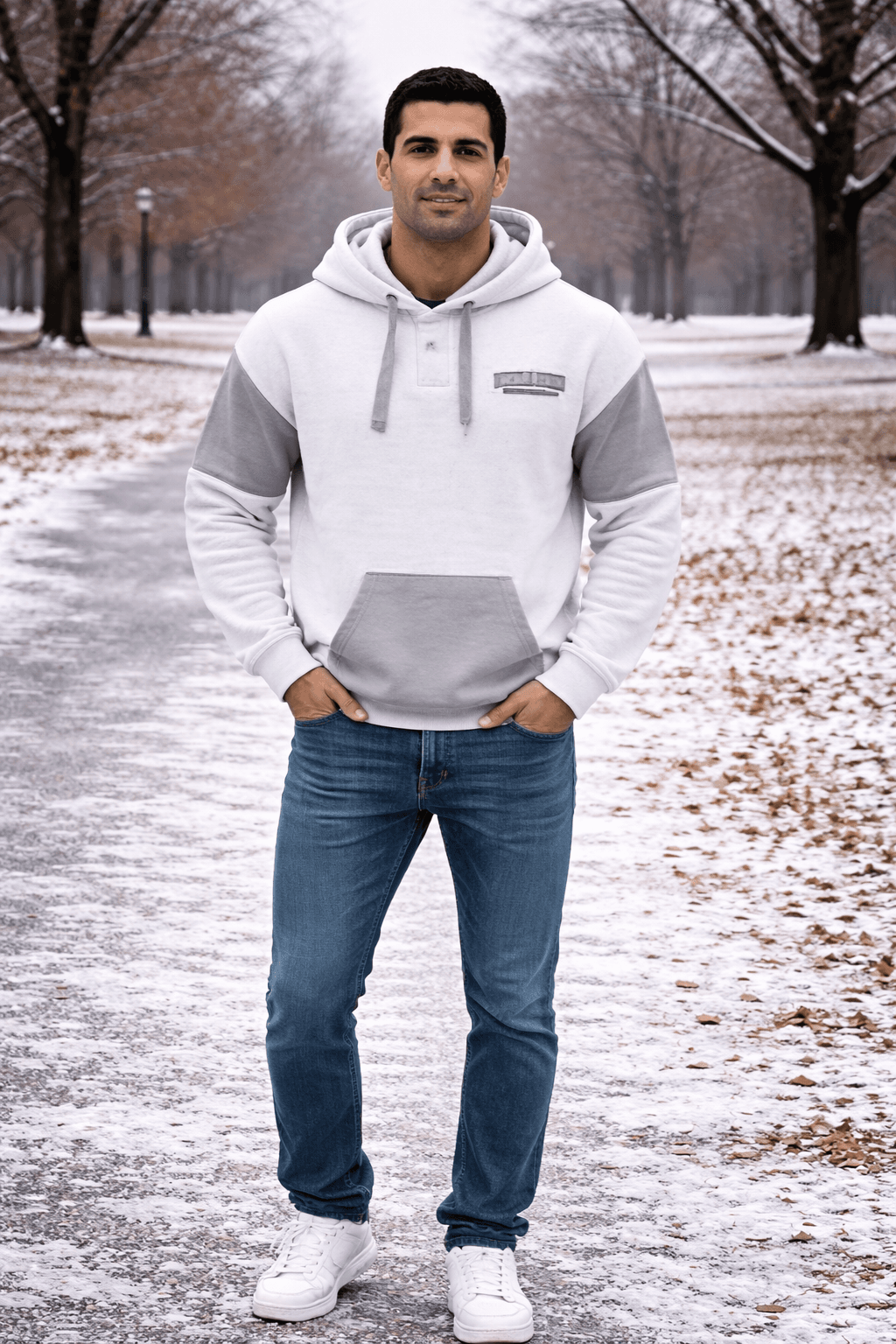 Basix of America 2 Tone Hooded Pullover Nantucket Sweatshirt With Button - WHITE - GREY image