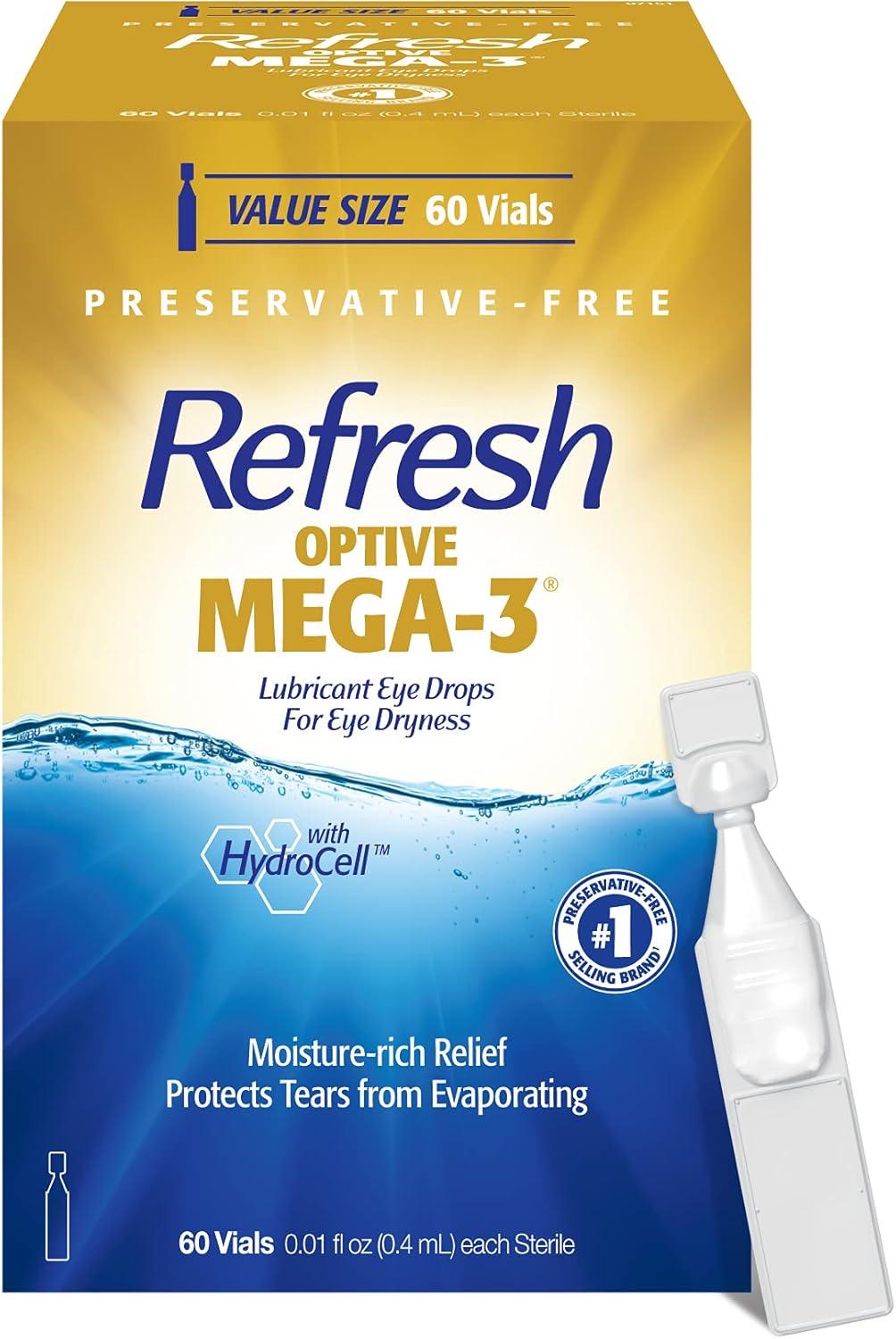 Refresh Optive MEGA-3 Lubricant Eye Drops Preservative-Free Artificial Tears, 0.01 fl oz (0.4 mL), 60 Single-Use Containers image