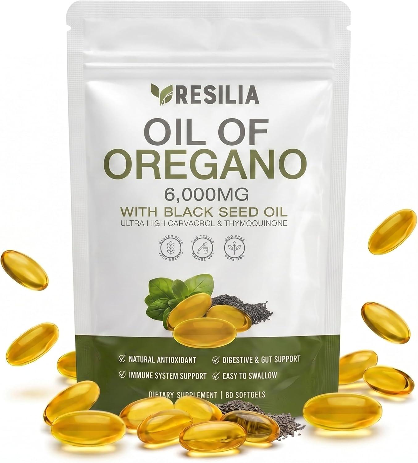 Resilia Softgels with Black Seed Oil 6000mg – Premium Grade Oregano Oil Capsules for Immune & Digestive Support – Non-GMO, Gluten-Free Softgels – Natural Herbal Wellness Supplement (60 Count) image