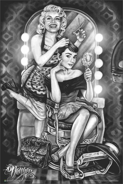 Marilyn Monroe & Audrey Hepburn Barber Shop by James Danger Harvey Poster - 24" x 36" image
