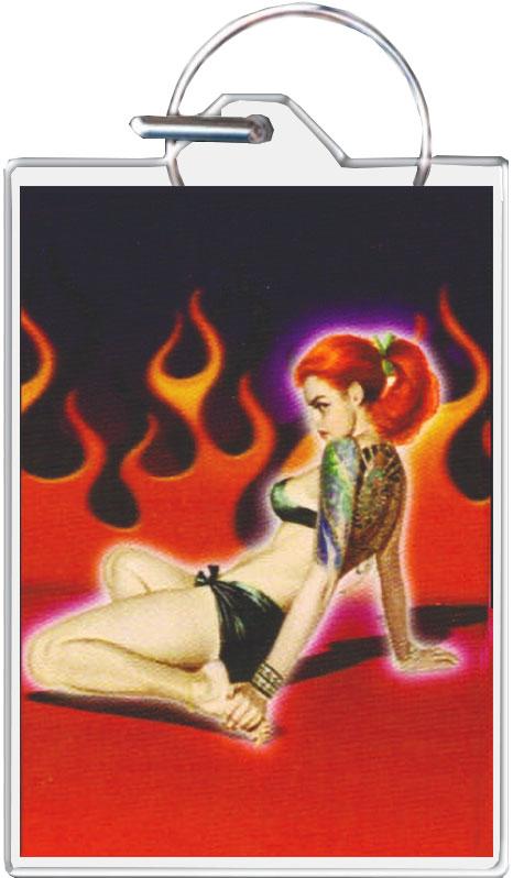 Tattoo Girl With Flames Keychain - 1.5" x 2"