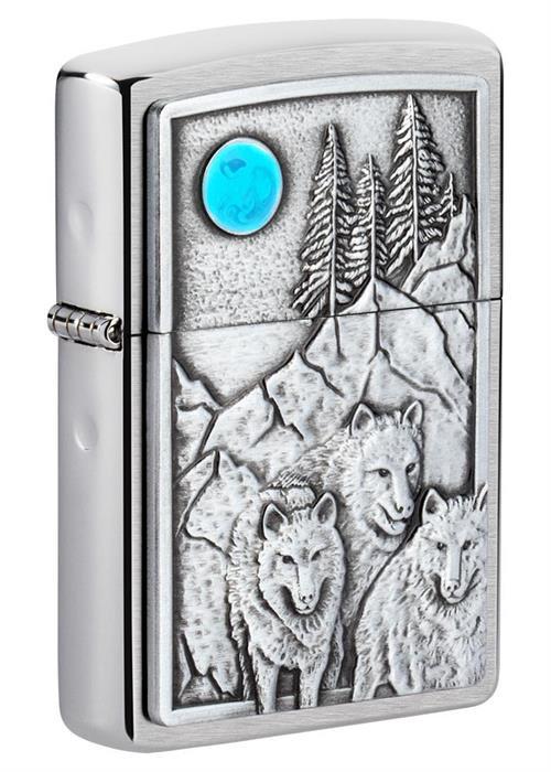 Wolf Pack and Moon Emblem Design Brushed Chrome Zippo Lighter