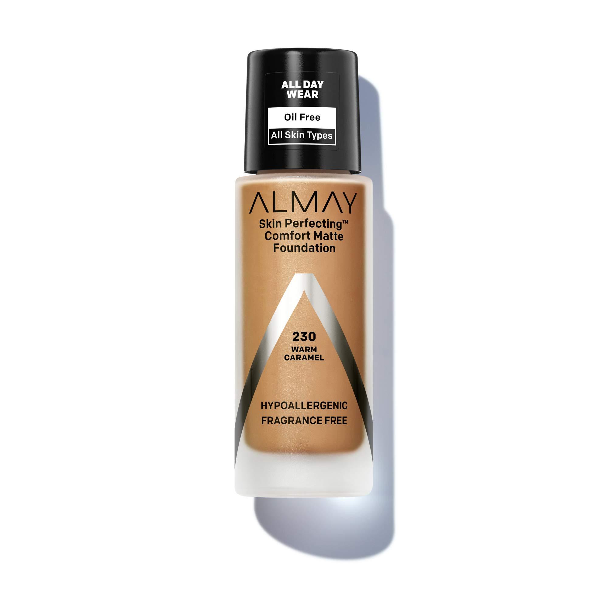 Almay Skin Perfecting Comfort Matte Foundation Liquid Makeup, Hypoallergenic, Cruelty- & Fragrance-Free, Dermatologist-Tested, 230 Warm Caramel, 1 fl oz image