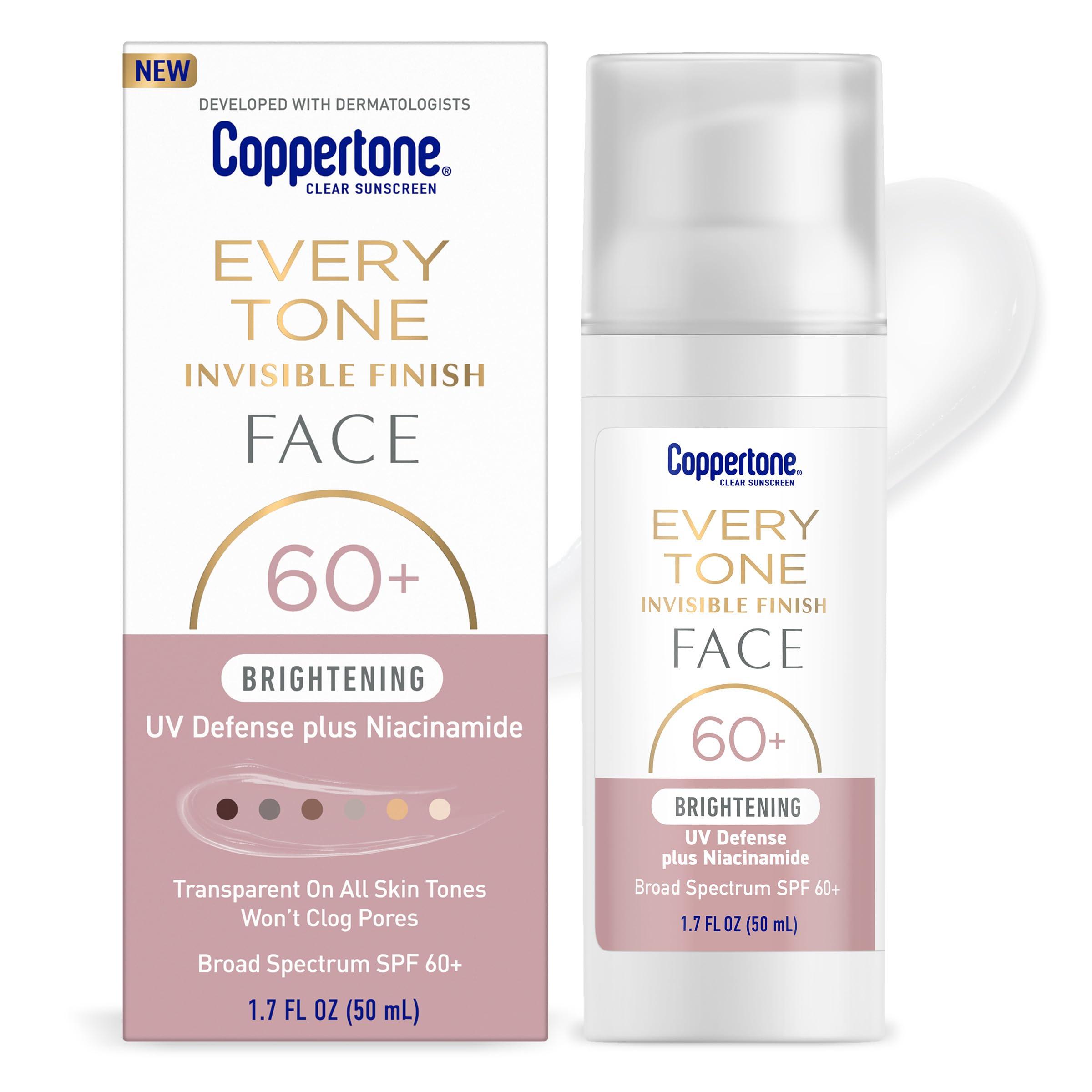 Coppertone Every Tone Invisible Finish Brightening UV Defense Face Sunscreen SPF 60+ with Niacinamide, Lightweight, Blends in Clear Sunscreen for All Skin Tones, 1.7 Fl Oz Pump Bottle image
