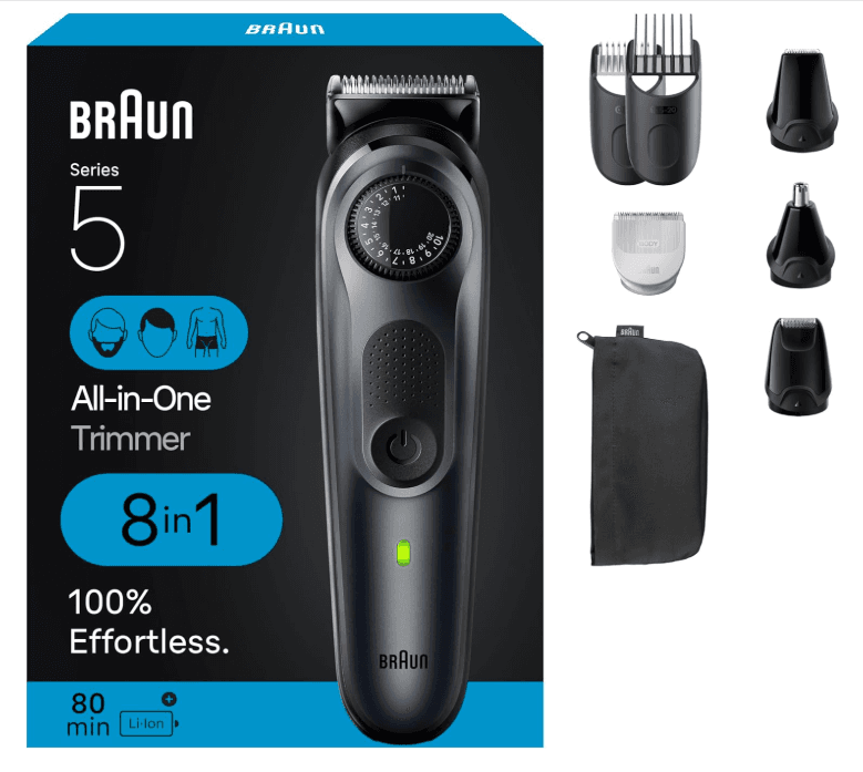 Braun All-in-One Style Kit Series 5 5480, 8-in-1 Trimmer for Men with Beard Trimmer, Body Trimmer for Manscaping, Hair Clippers & More, Ultra-Sharp Blade, 40 Length Settings,