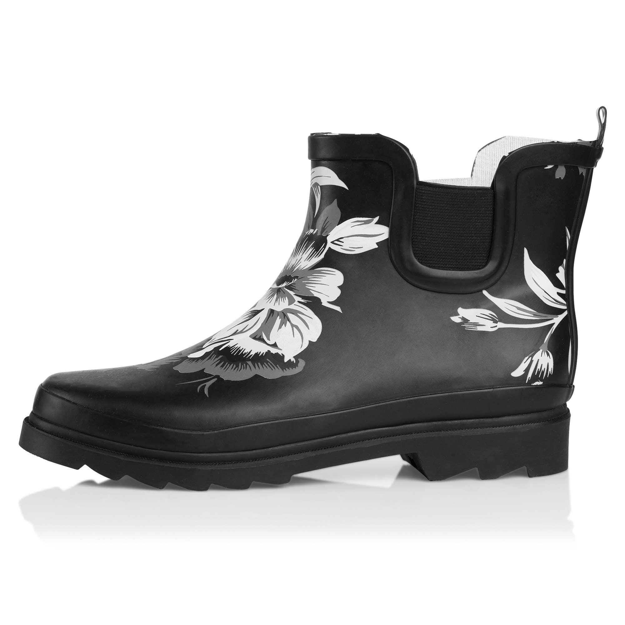 Norty Women 6 Chelsea Ankle Rain Boot Black Floral Prepack image