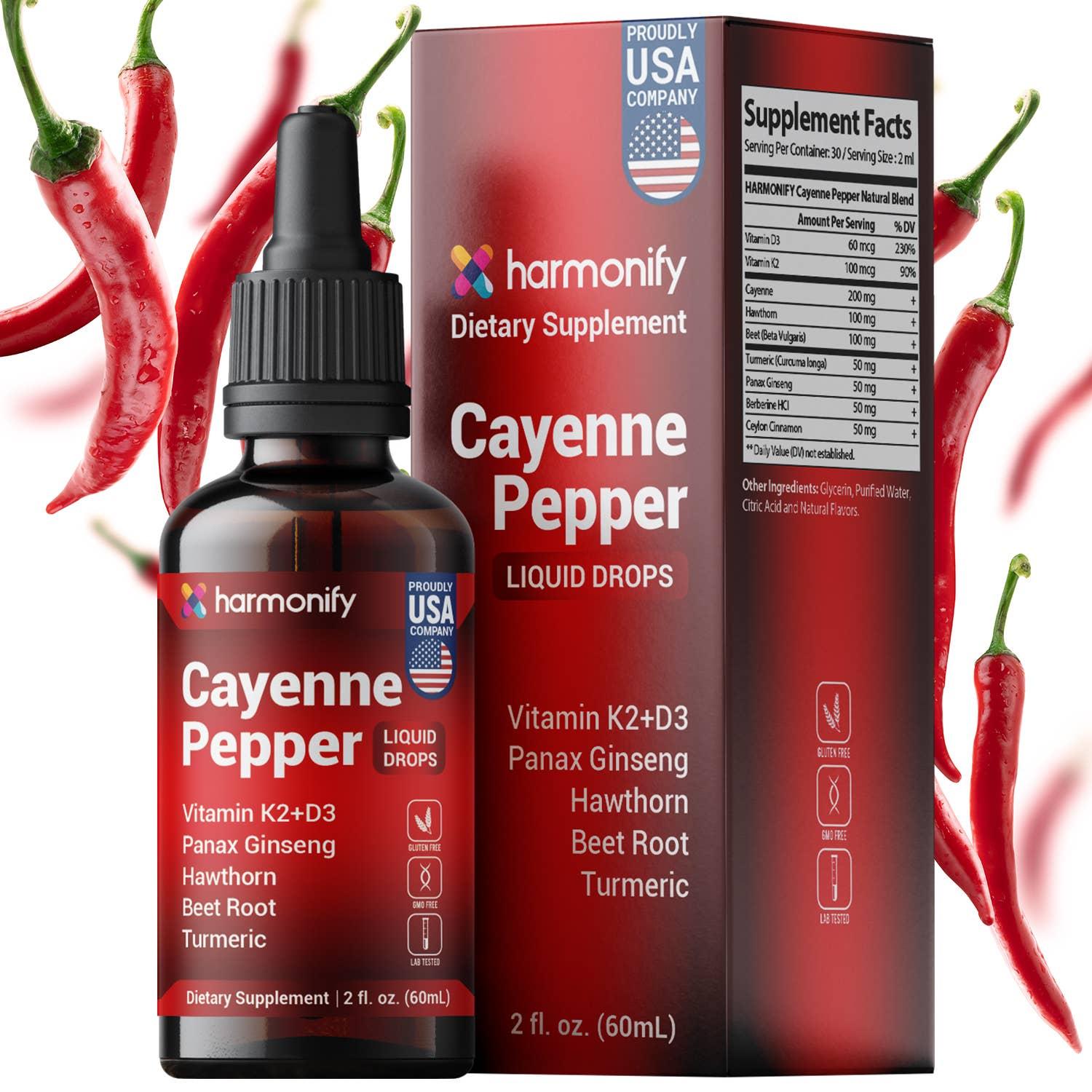 HARMONIFY Cayenne Pepper Liquid Drops with Vitamin D3 & K2, Hawthorn, Beet Root, Turmeric, Panax Ginseng, Berberine & Ceylon Cinnamon - Quality Supplement for Daily Wellness - 2 fl oz (60mL) image