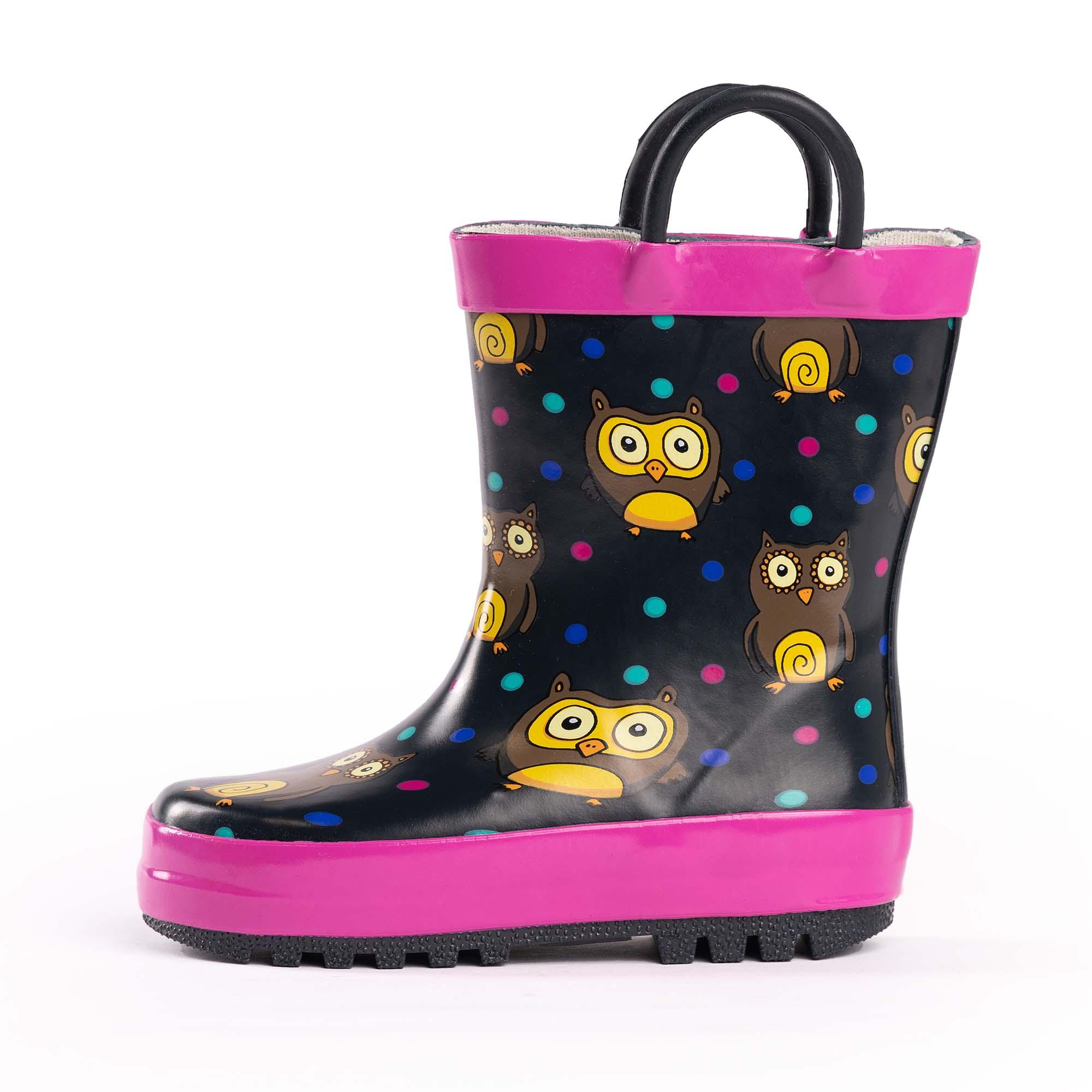 NORTY Tod Girls 6-10 Black Owls Rain Boots 16454 Prepack image