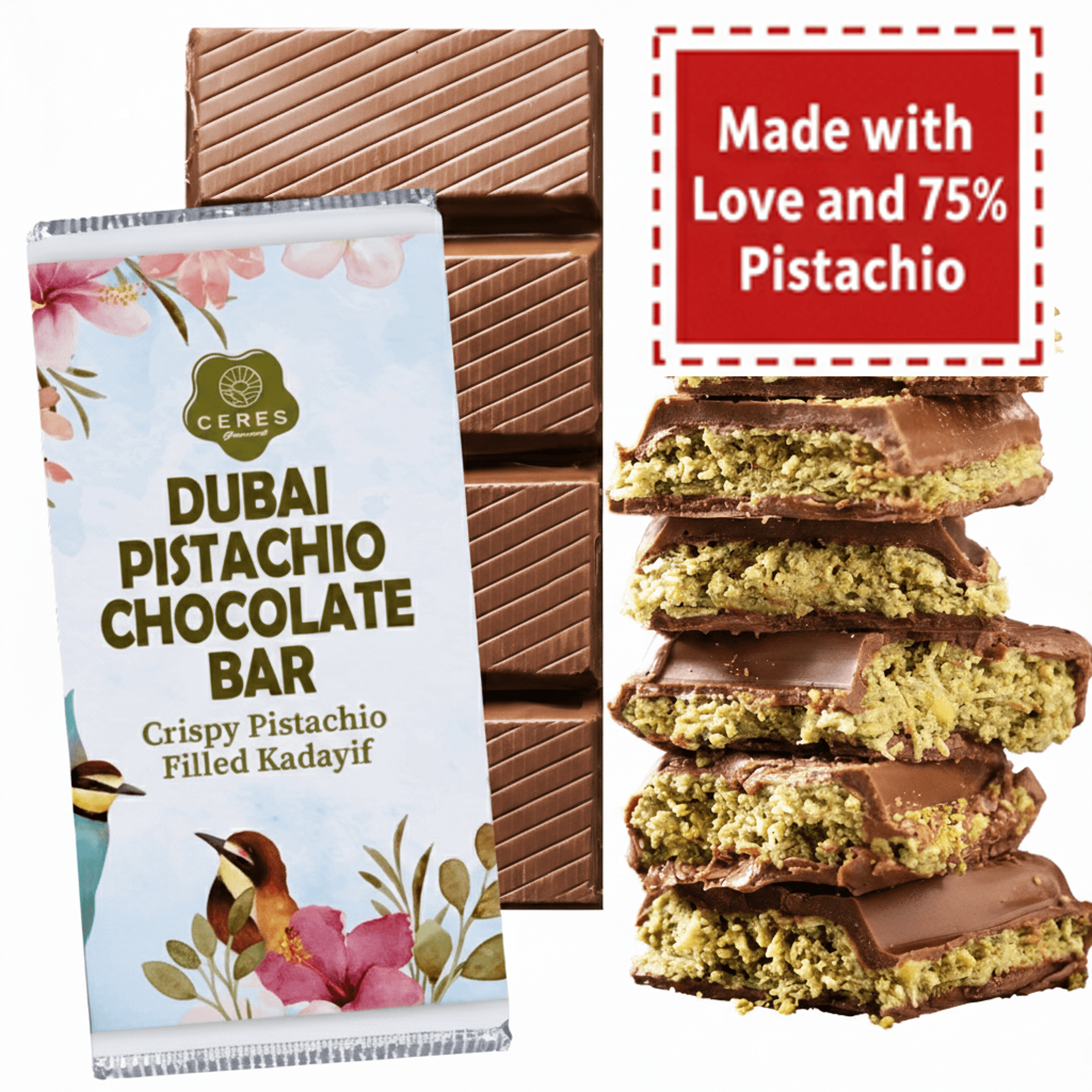 7 oz & 75% Pistachio - Viral Milk - Dark Dubai Chocolate Bar image