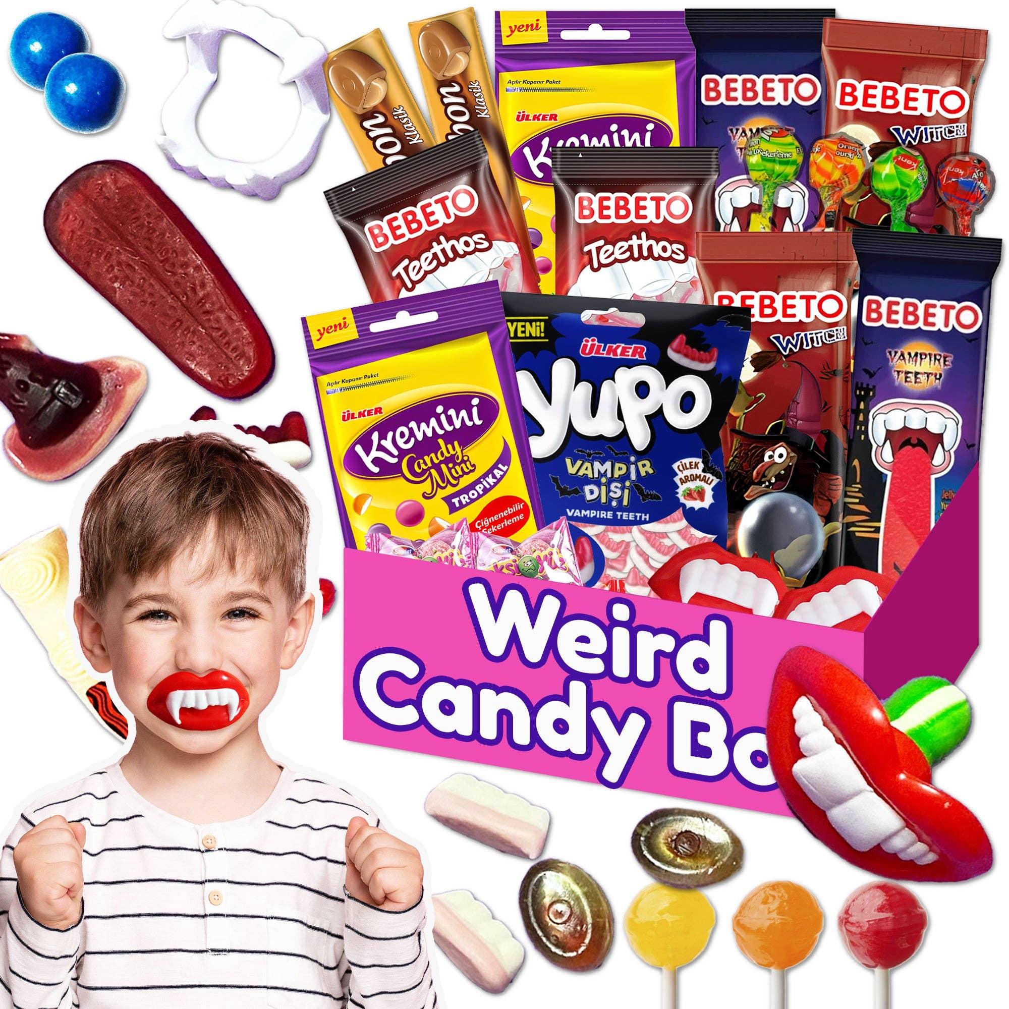 Funny Weird Candy Box Variety Pack 21 Pcs, Vampire Teeth Fangs Witch Fingers and Unique Mystery Rare Foreign Candies Assortment For Families, Scary Weird Candies image