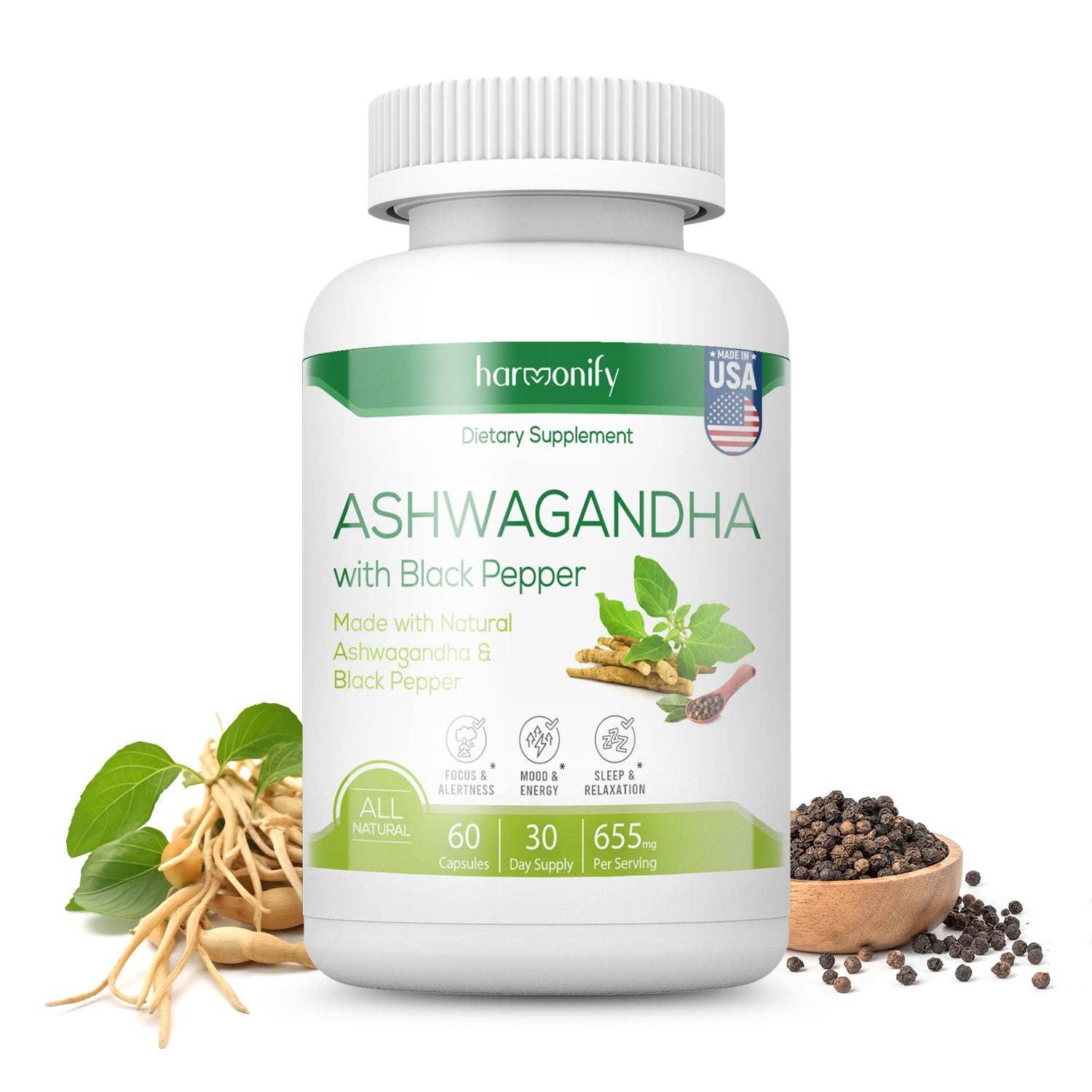 Ashwagandha Herbal Supplement 655 mg-60 Capsules, Made in US image