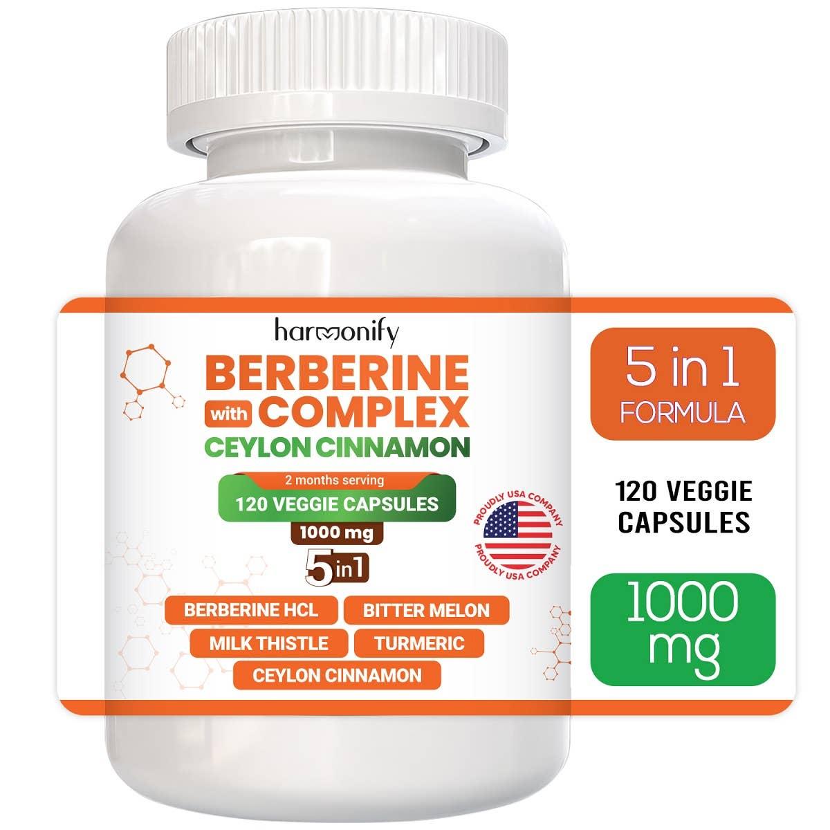 HARMONIFY Berberine with Ceylon Cinnamon, Pure Turmeric, Milk Thistle Bitter Melon, 5 in 1 Formula, 120 Purified Veggie Capsule 1000 mg | Gluten Free, Non-GMO image