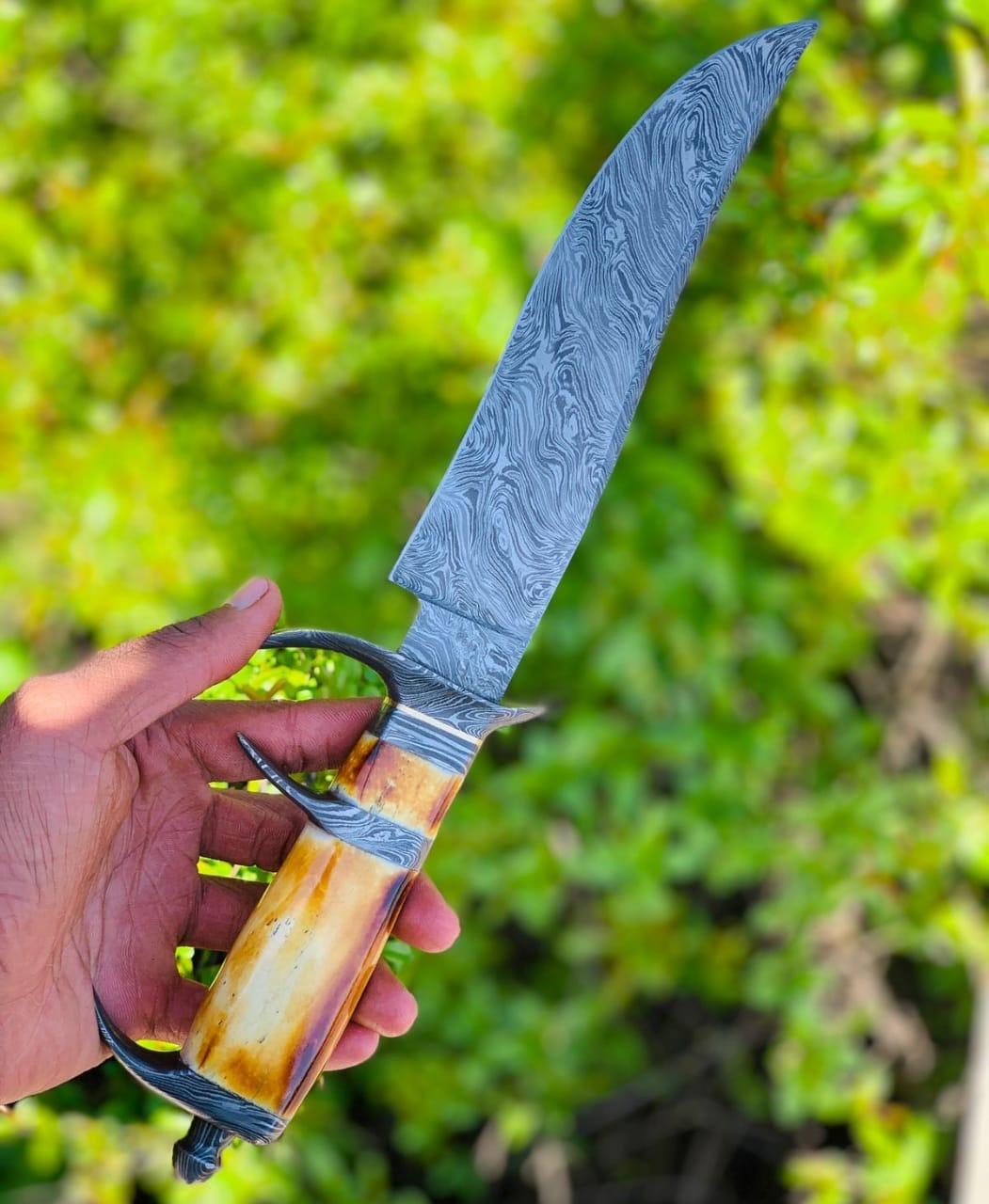 Ironclad Damascus Steel Bowie Hunting Knife with Charred Bone Handle & Leather Sheath