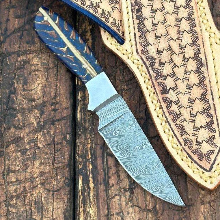 Rio Grande Damascus Skinner Knife with Handtooled Sheath & Belt