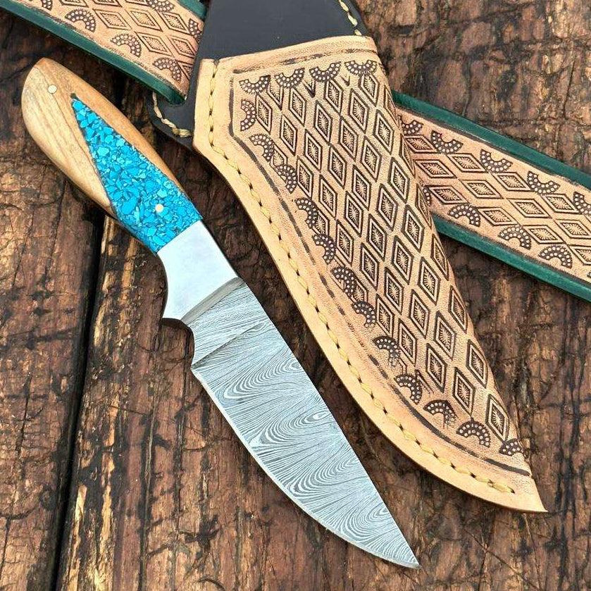 Canyon Damascus Skinner Knife with Hand tooled Sheath & Belt