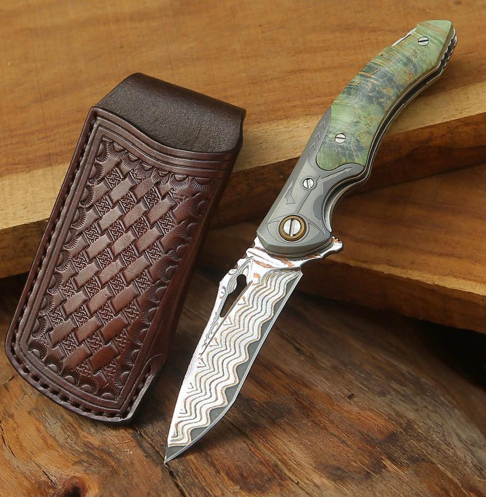 Kage Gentleman's Japanese Copper Damascus Pocket Knife with Maple Burl Wood Handle and Sheath