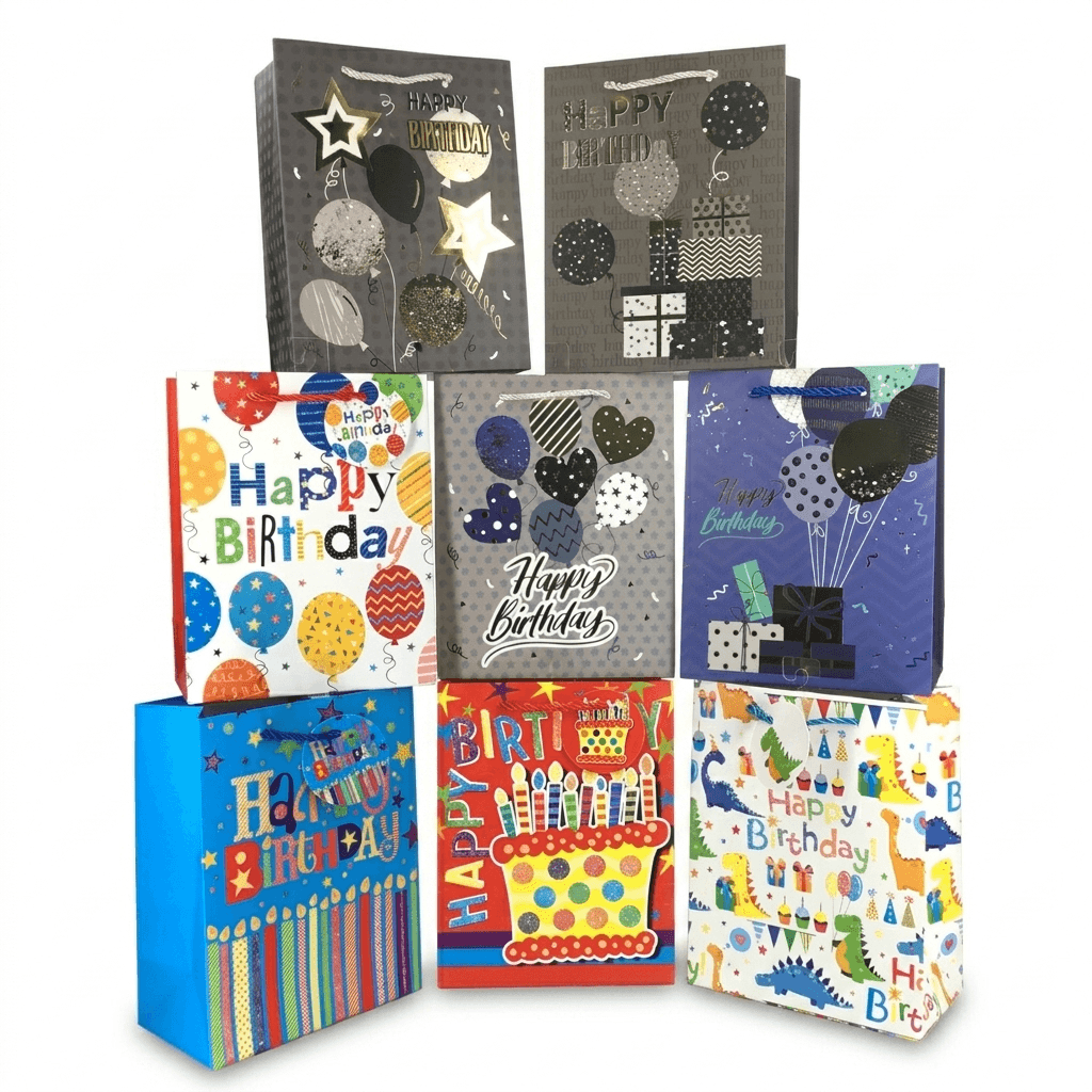 Glitter Happy Birthday Gift Bags, 9 Inch x 7 Inch x 4 Inch, Wholesale