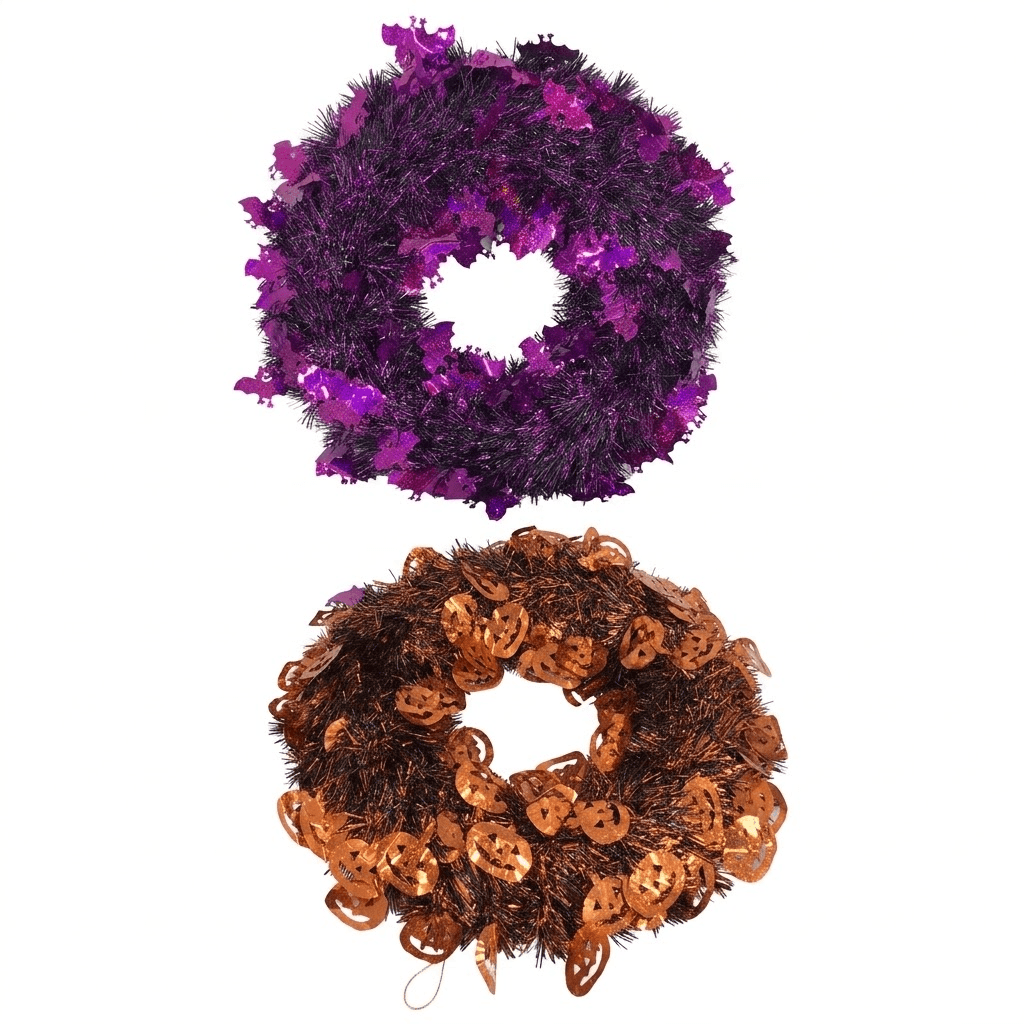 15 Inch Metallic Tinsel Halloween Wreaths with Foil Cutouts, 2 styles, Wholesale image