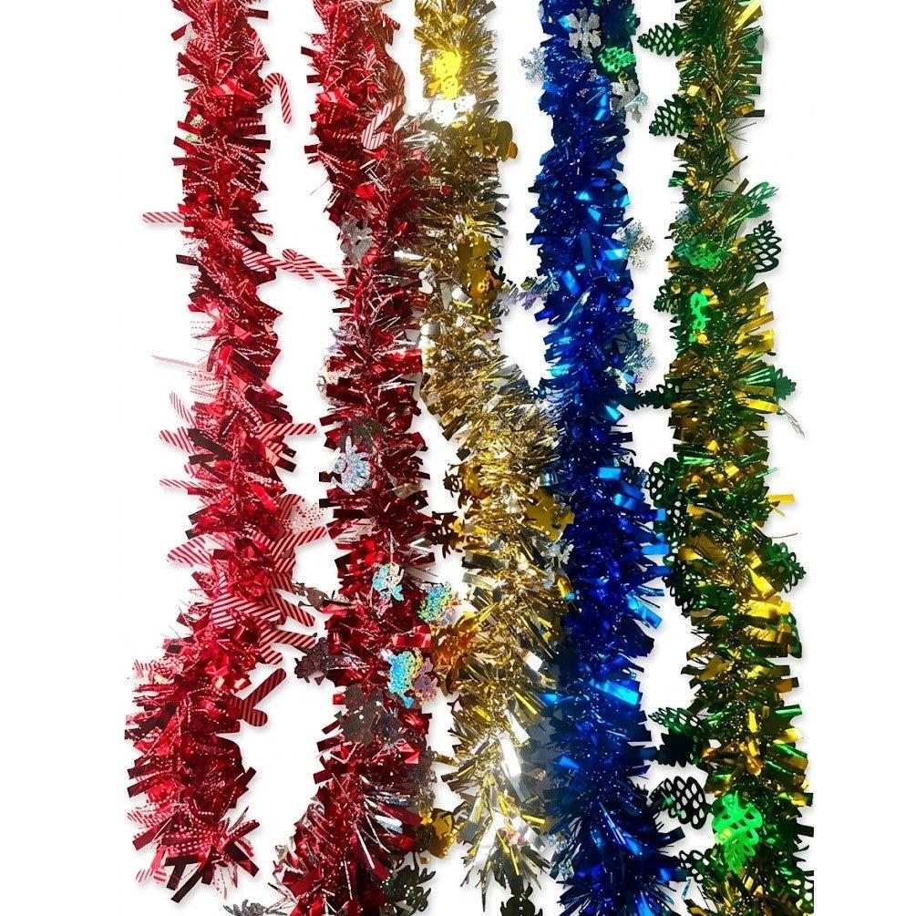 7ft Metallic Foil Christmas Tinsel Garland with Festive Holiday Icon Cutouts - Assorted Colors | Wholesale image