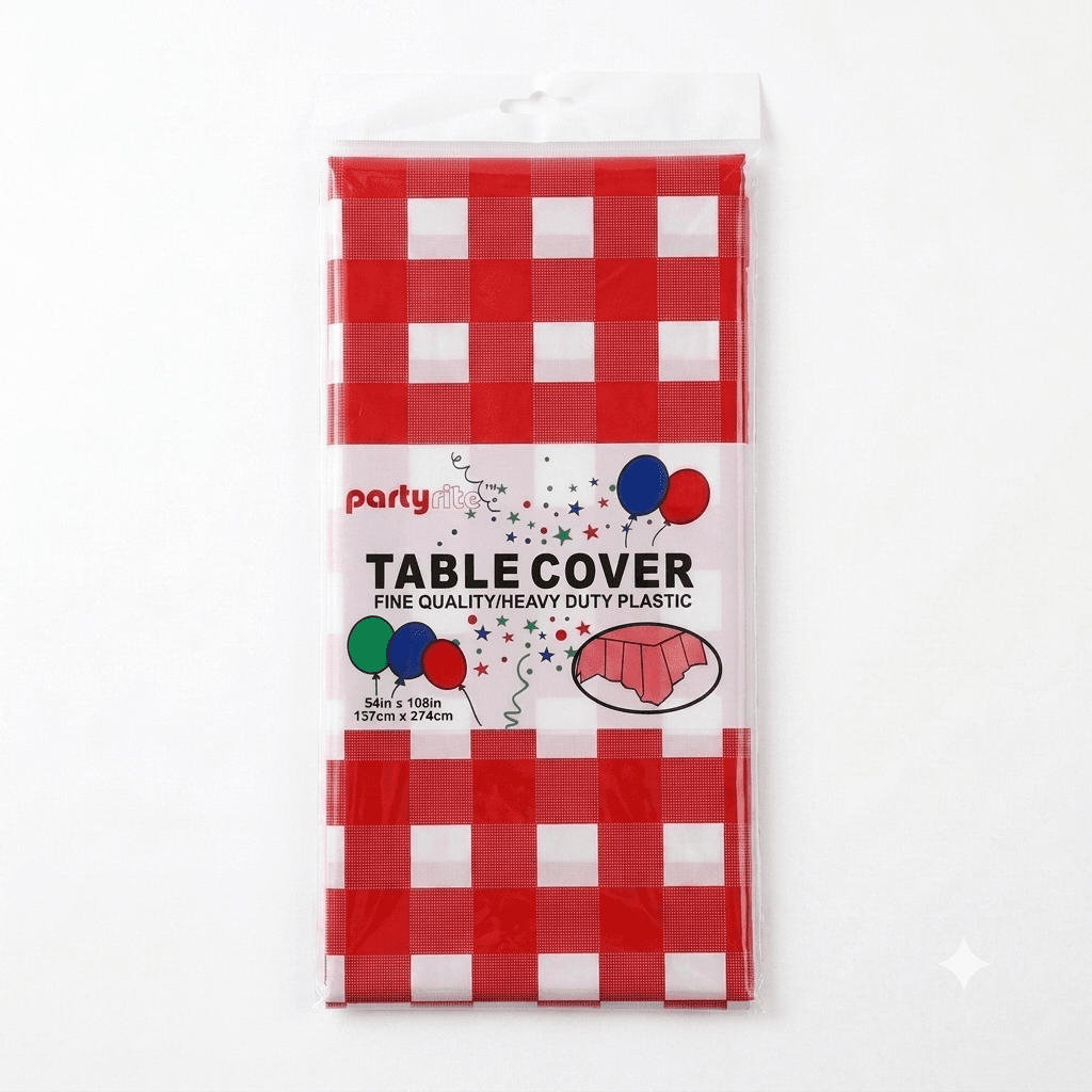 PartyRite Red and White Checkered Plastic Table Cover, 54 Inch x 108 Inch, Wholesale image