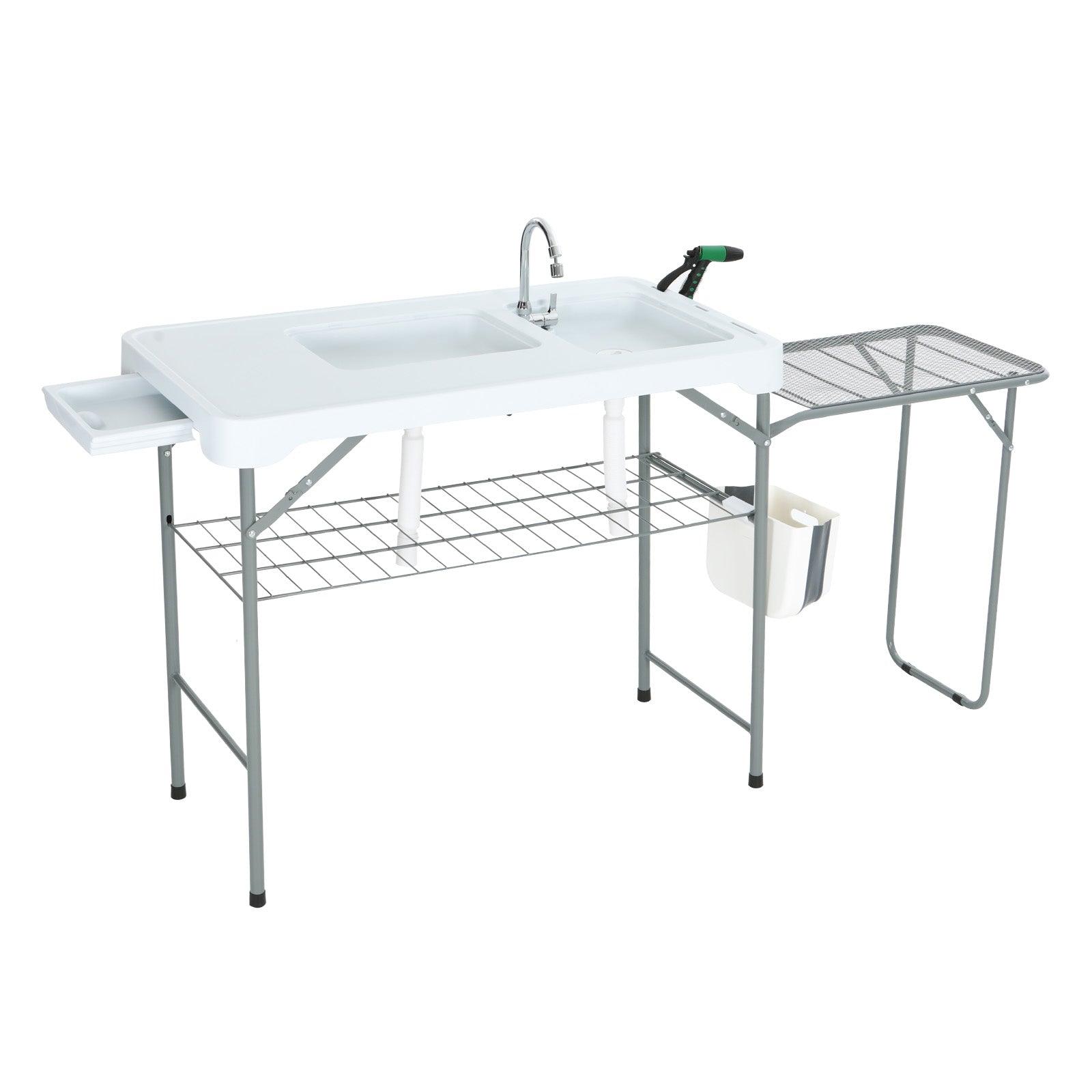 Nice C Outdoor Fish Cleaning Table with Sink, Spray, and Storage Rack - White W/2 Sinks & Side Table image
