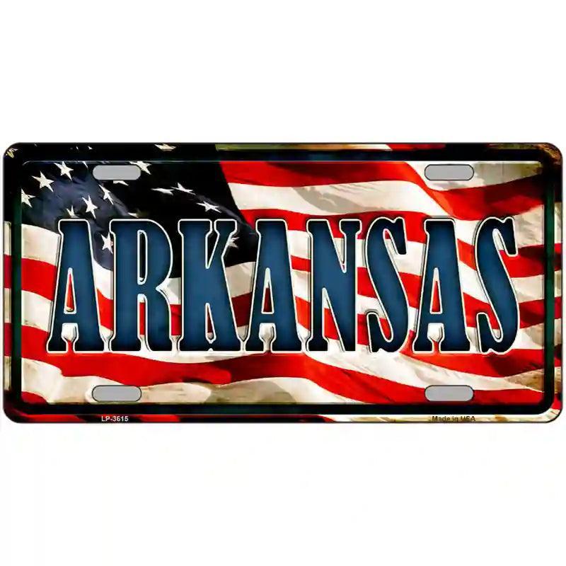 Arkansas on American Flag Metal Novelty License Plate image