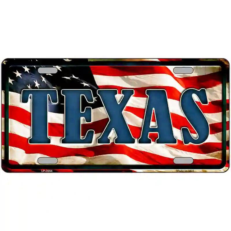Texas on American Flag Metal Novelty License Plate image
