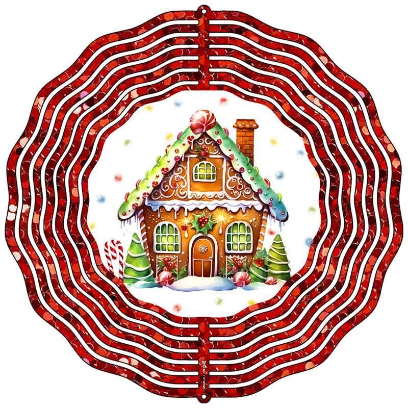 Gingerbread House in Red Glitter Wreath Novelty Metal Wind Spinner image