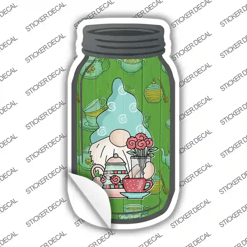 Gnome With Teapot and Flowers Novelty Mason Jar Sticker Decal image