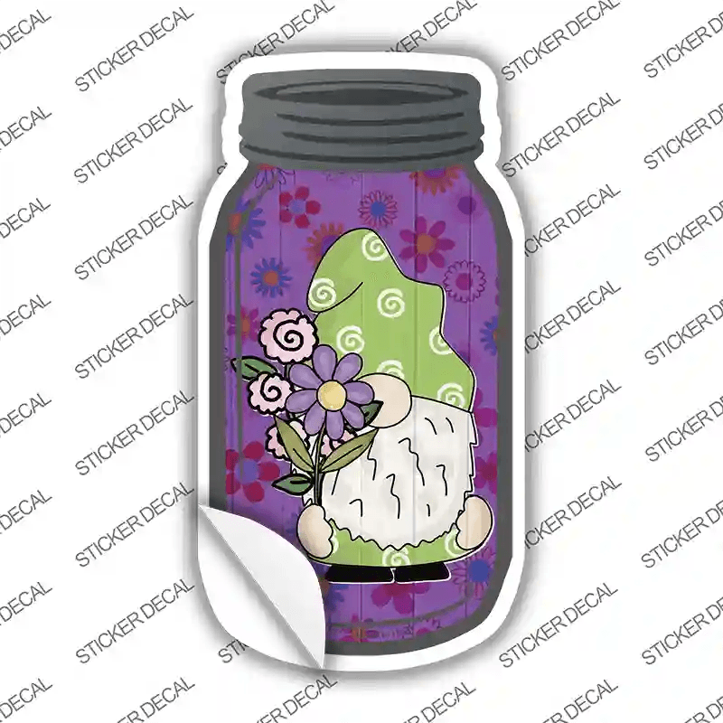 Gnome With Purple Flowers Novelty Mason Jar Sticker Decal image